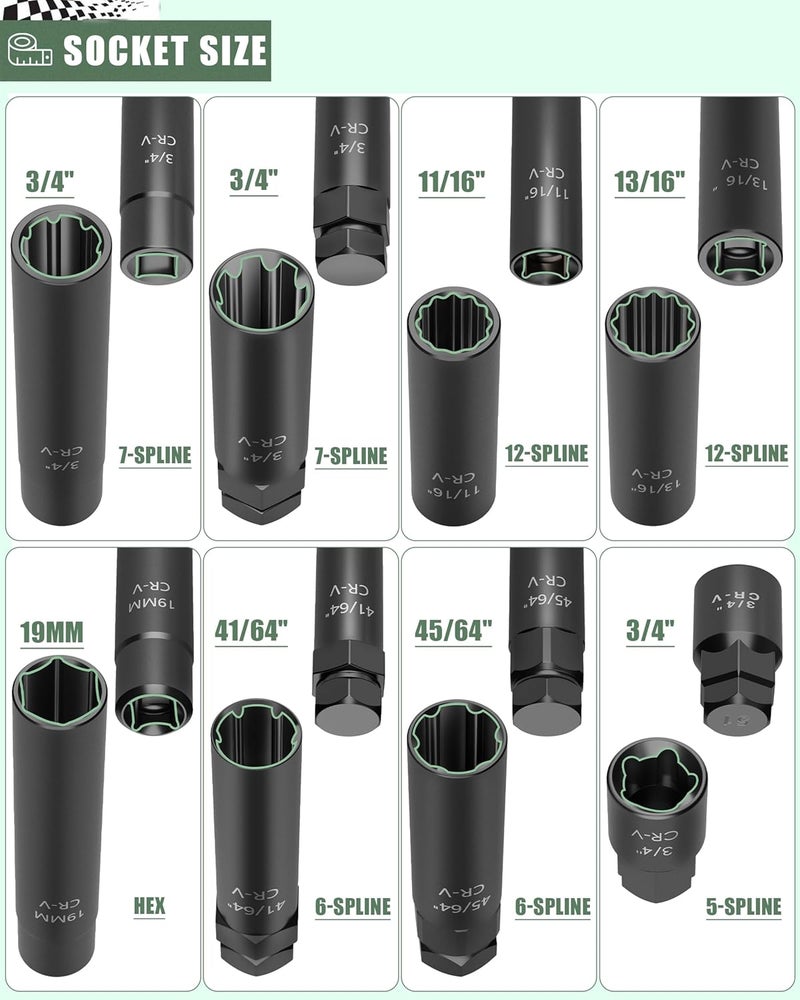 glorider Spline Lug Nut Socket Set 8-Piece for Easy Removal of 5, 6, 7, 12-Spline, Hex and Spike Lug Nuts on Aftermarket Wheels, CR-V Steel - Image 2